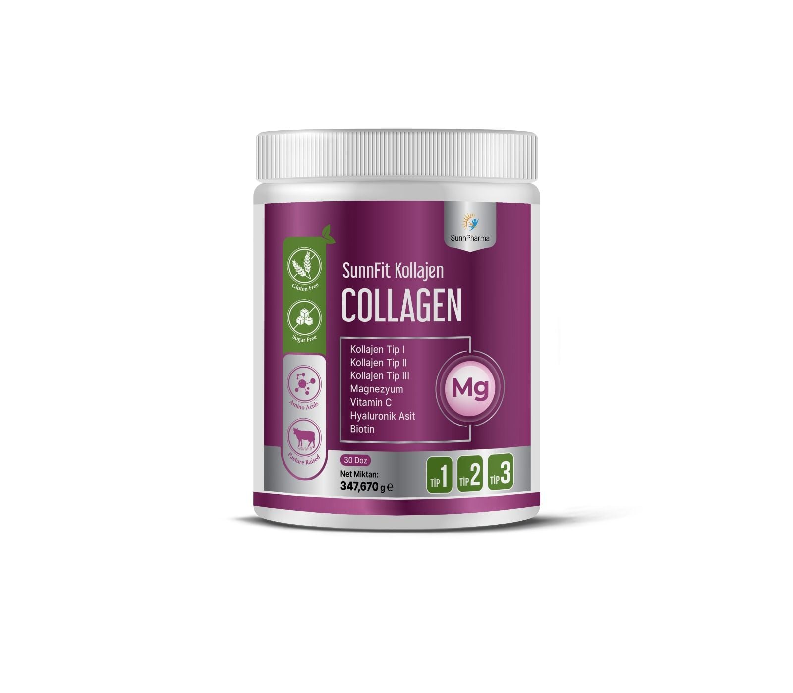 SunnFit Kolajen Hidrolize Kolajen Peptitleri, Magnezyum, Hyaluronik Asit, Vitamin C, Biotin İçeren Takviye Edici Gıda
